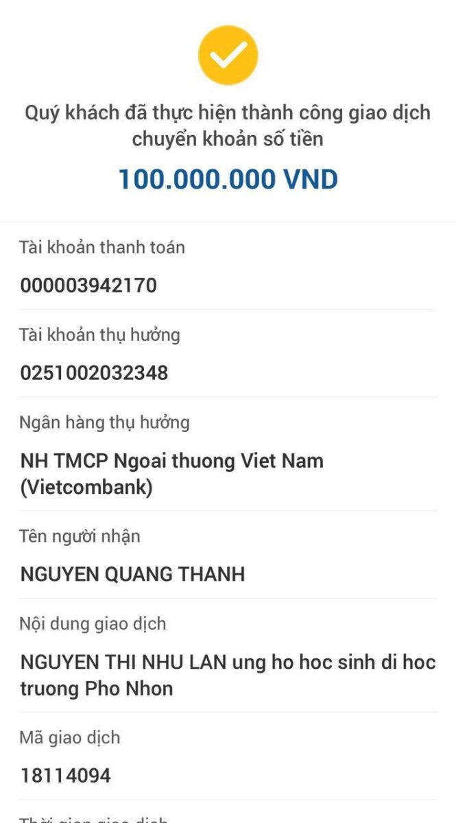 Tài trợ trường THCS Phổ Nhơn, Quảng Ngãi 100.000.000 VNĐ